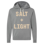 Gray Christian hoodie with 'SALT + LIGHT' text.