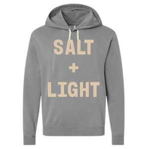 Gray Christian hoodie with 'SALT + LIGHT' text.