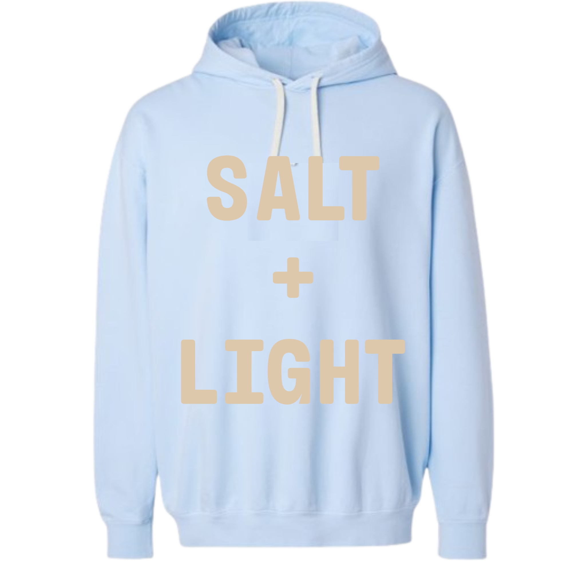 Light blue Christian hoodie with 'SALT + LIGHT' text.