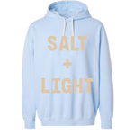 Light blue Christian hoodie with 'SALT + LIGHT' text.
