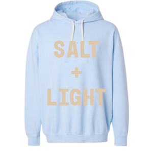 Light blue Christian hoodie with 'SALT + LIGHT' text.