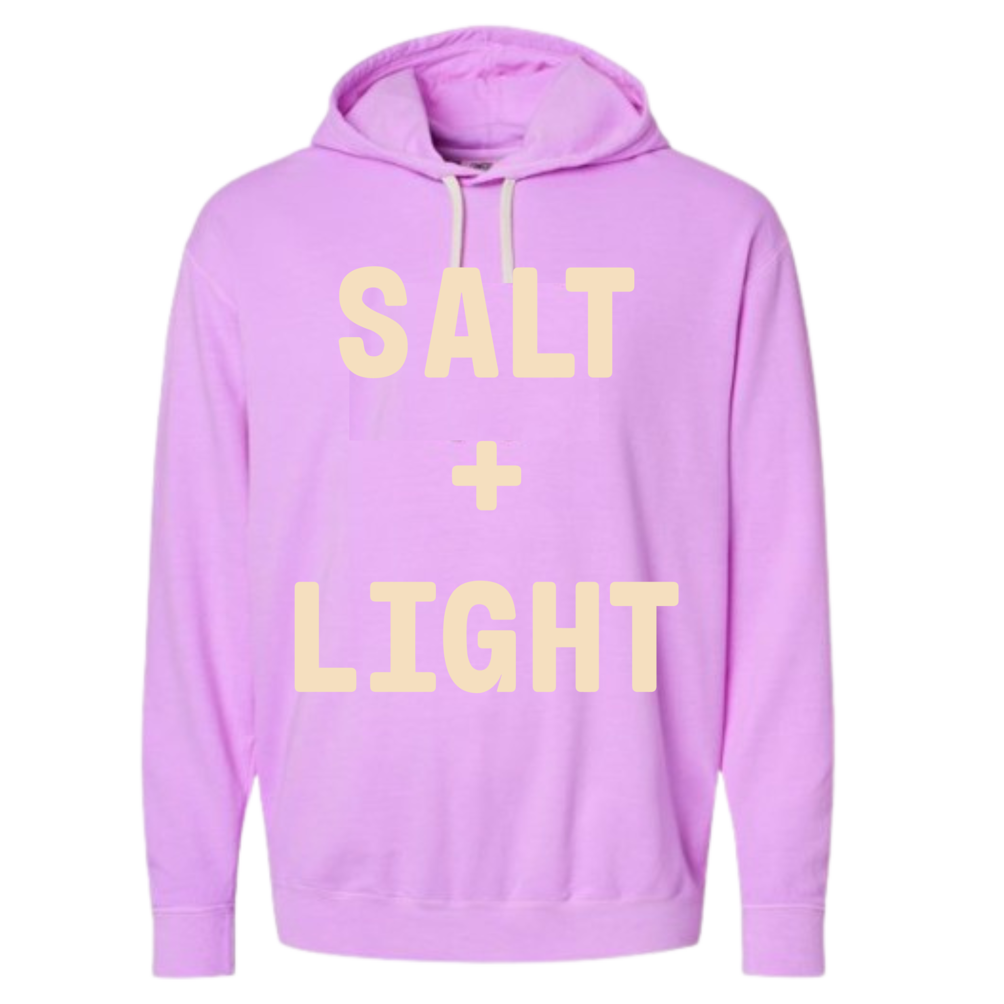 Lavender Christian hoodie with 'Salt + Light' text on the front in cream color.
