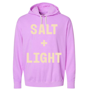 Lavender Christian hoodie with 'Salt + Light' text on the front in cream color.