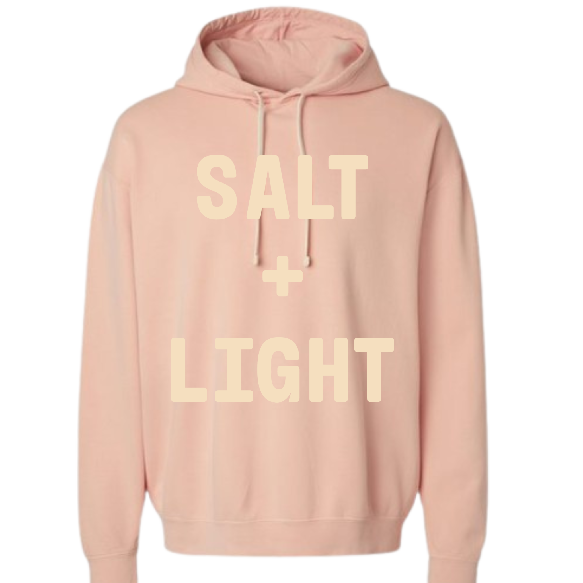 Peach colored Christian hoodie with 'Salt + Light' text on the front in cream color.