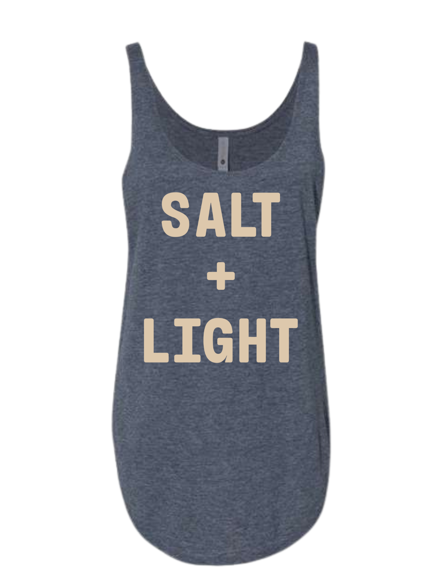 Denim colored Christian tank top with 'SALT + LIGHT' text on the front in cream color. 