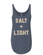 Denim colored Christian tank top with 'SALT + LIGHT' text on the front in cream color. 