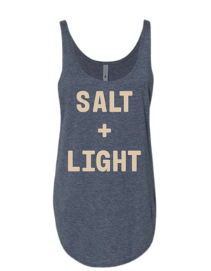Denim colored Christian tank top with 'SALT + LIGHT' text on the front in cream color. 
