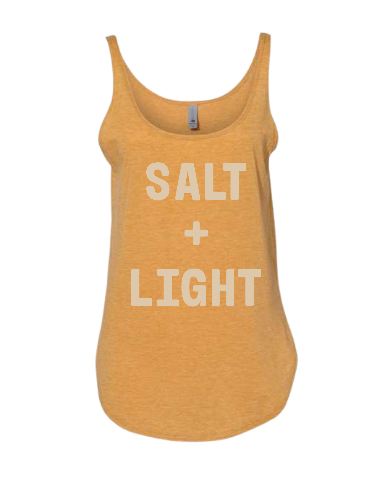 Gold Christian tank top with 'SALT + LIGHT' text on the front in cream color. 