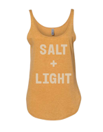 Gold Christian tank top with 'SALT + LIGHT' text on the front in cream color. 