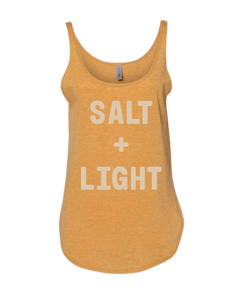 Gold Christian tank top with 'SALT + LIGHT' text on the front in cream color. 