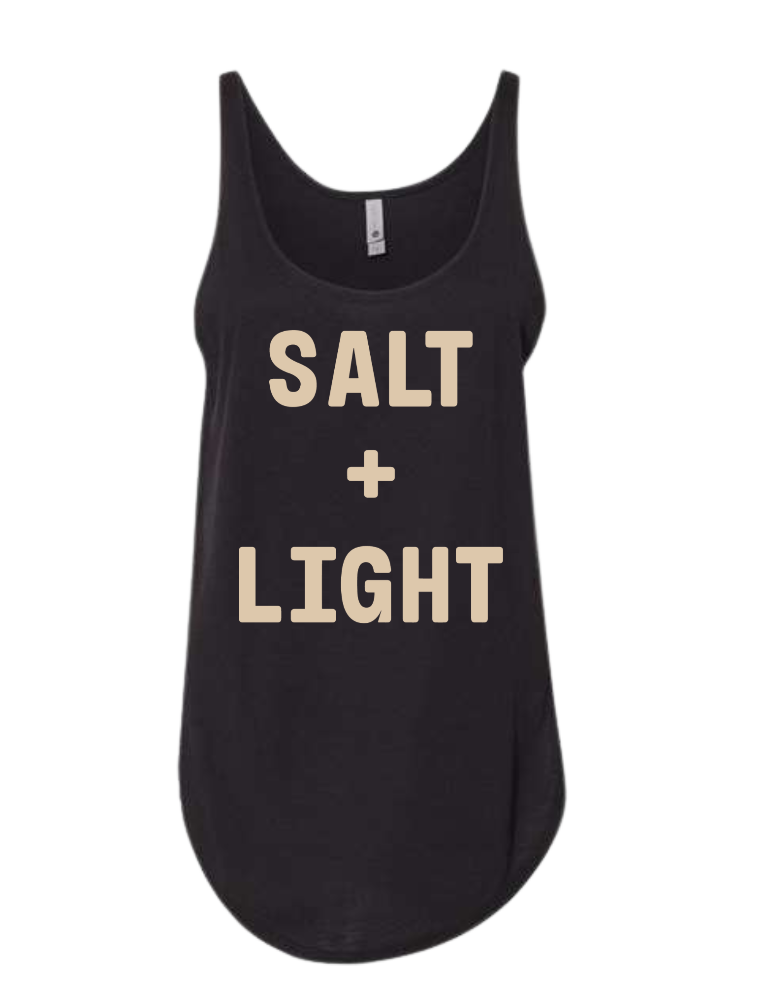 Black Christian tank top with 'SALT + LIGHT' text on the front in cream color. 