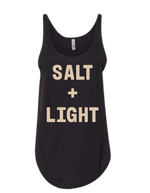 Black Christian tank top with 'SALT + LIGHT' text on the front in cream color. 