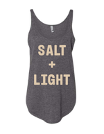 Grey Christian tank top with 'SALT + LIGHT' text on the front in cream color. 