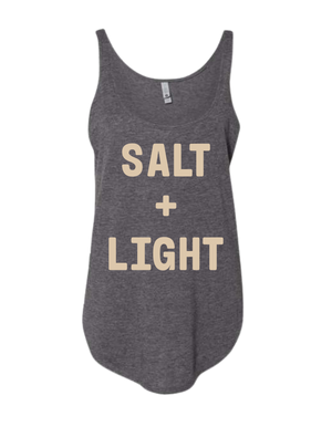 Grey Christian tank top with 'SALT + LIGHT' text on the front in cream color. 