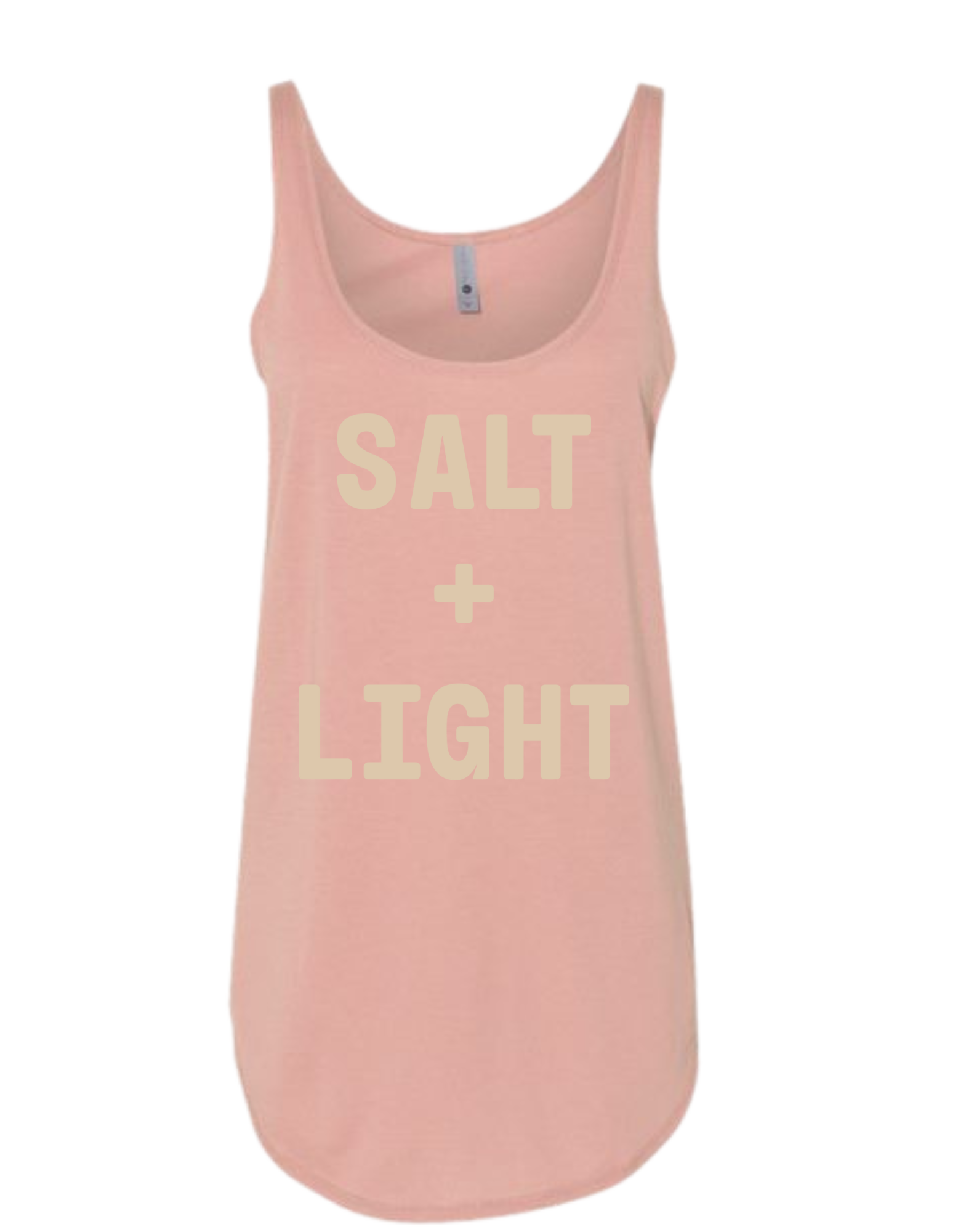 Desert pink Christian tank top with 'SALT + LIGHT' text.