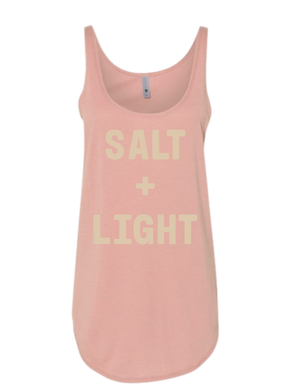 Desert pink Christian tank top with 'SALT + LIGHT' text.