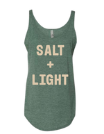 Green tank top with 'SALT + LIGHT' text on the front.