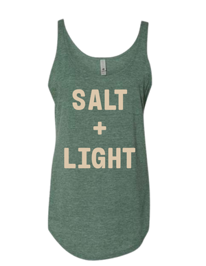 Green tank top with 'SALT + LIGHT' text on the front.