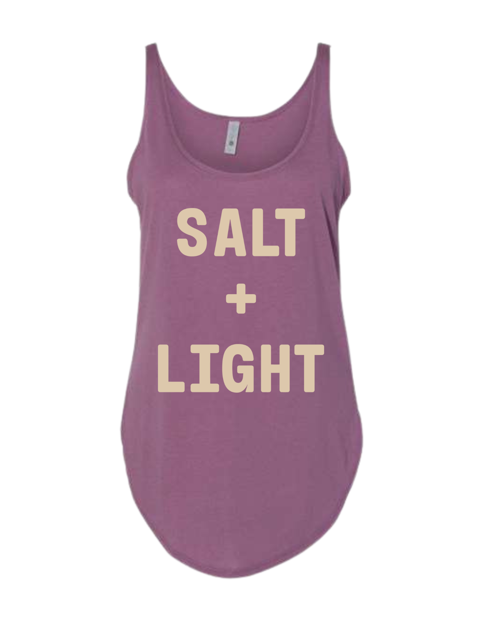 Purple Christian tank top with 'SALT + LIGHT' text on the front in cream color. 