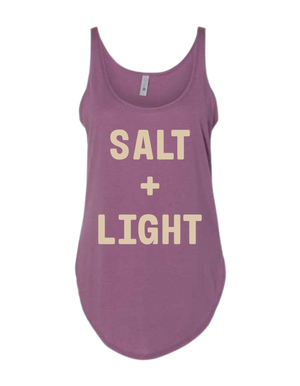 Purple Christian tank top with 'SALT + LIGHT' text on the front in cream color. 