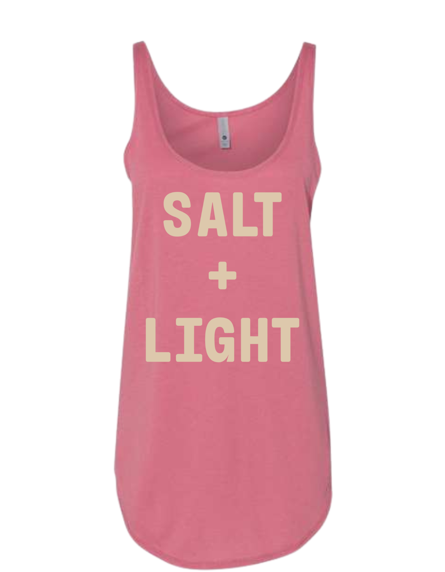 Pink Christian tank top with 'SALT + LIGHT' text.