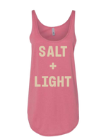 Pink Christian tank top with 'SALT + LIGHT' text.