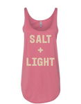 Pink Christian tank top with 'SALT + LIGHT' text.