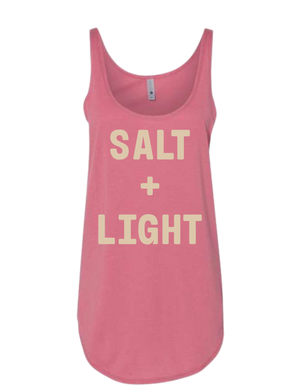 Pink Christian tank top with 'SALT + LIGHT' text.