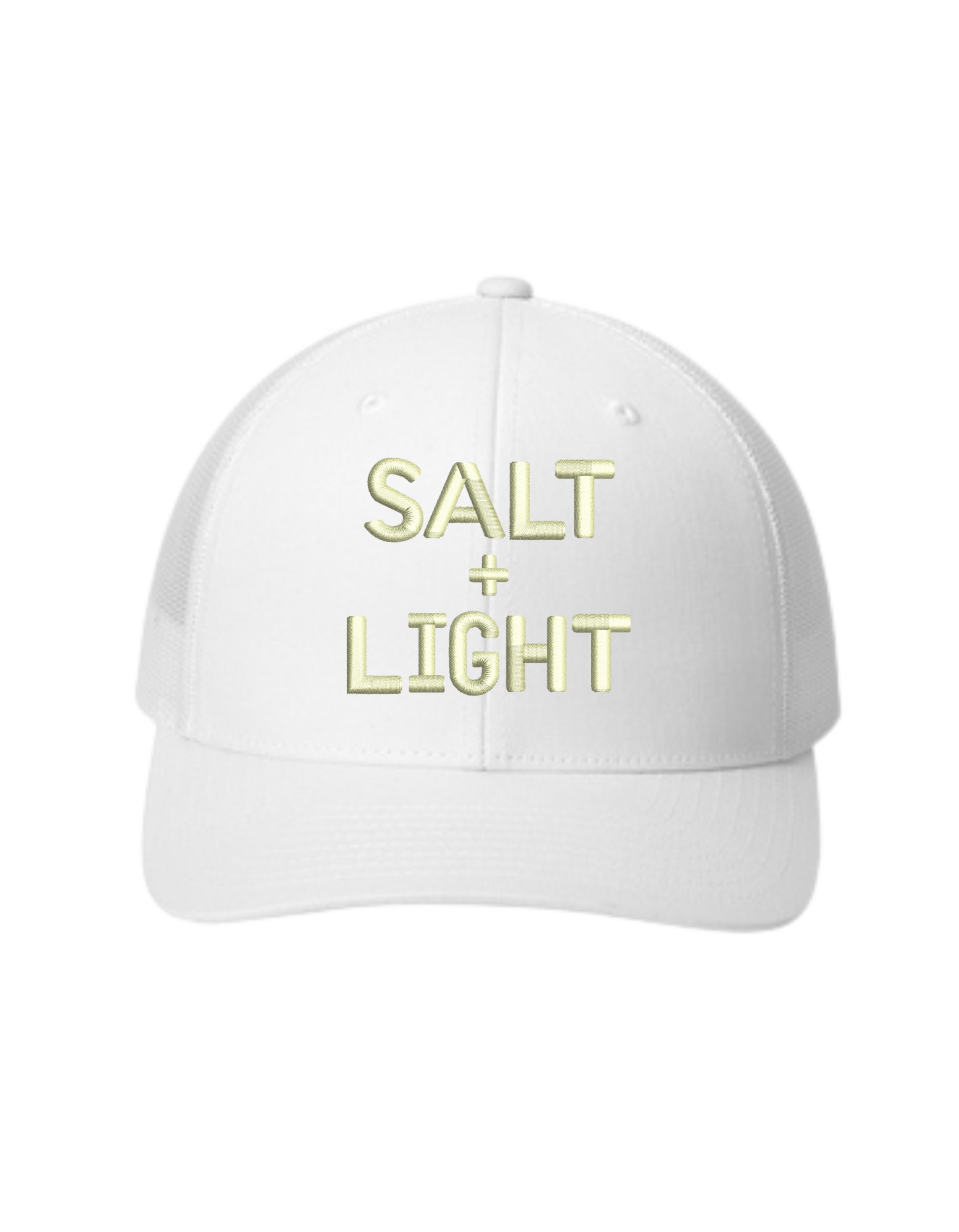 White Christian trucker hat with 'SALT + LIGHT' text in gold embroidered on the front