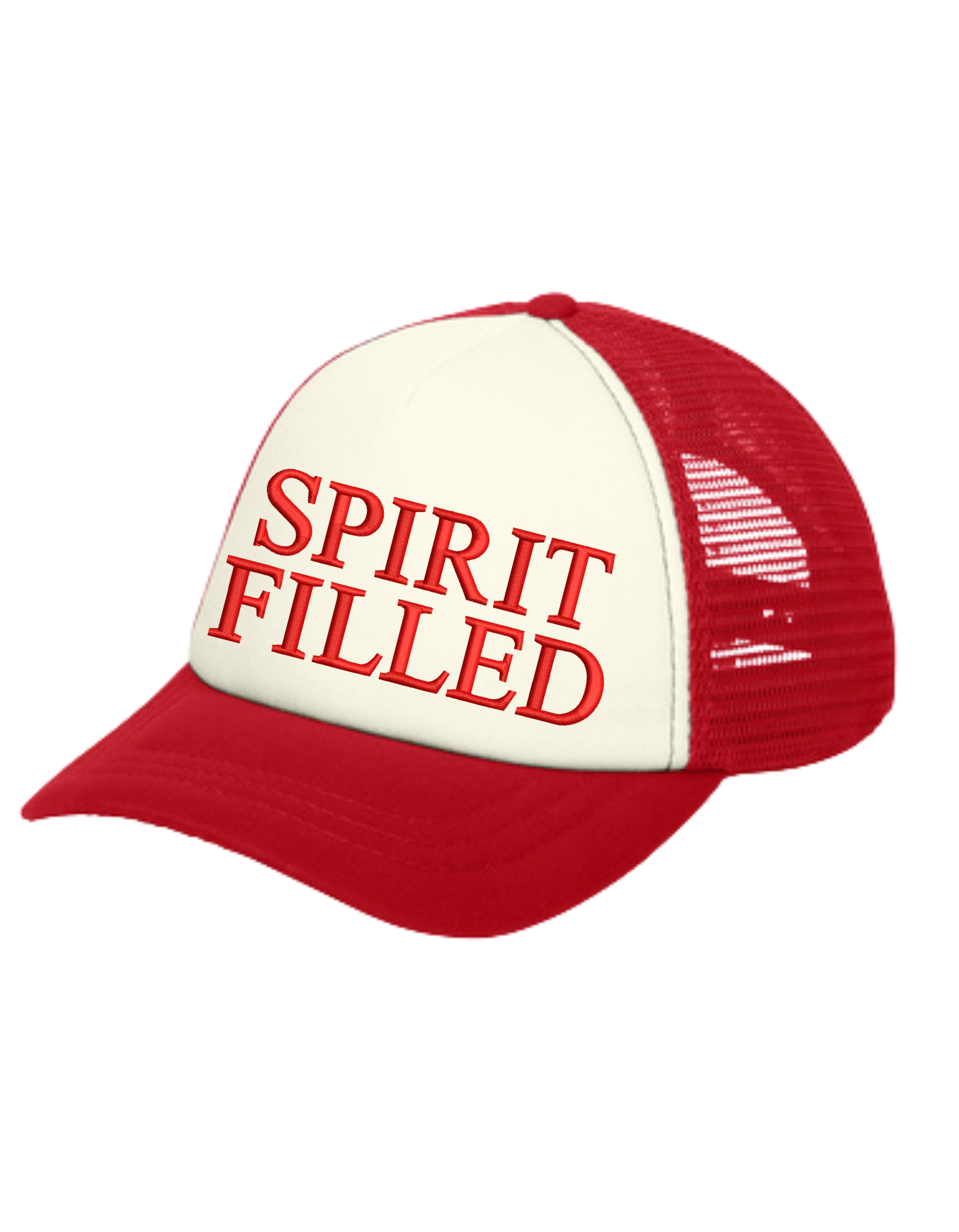 Red and white foam Christian trucker hat with "Spirit Filled' embroidered on the front panel