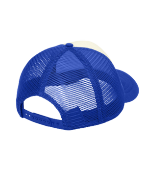 Blue mesh cap with white brim on a white background