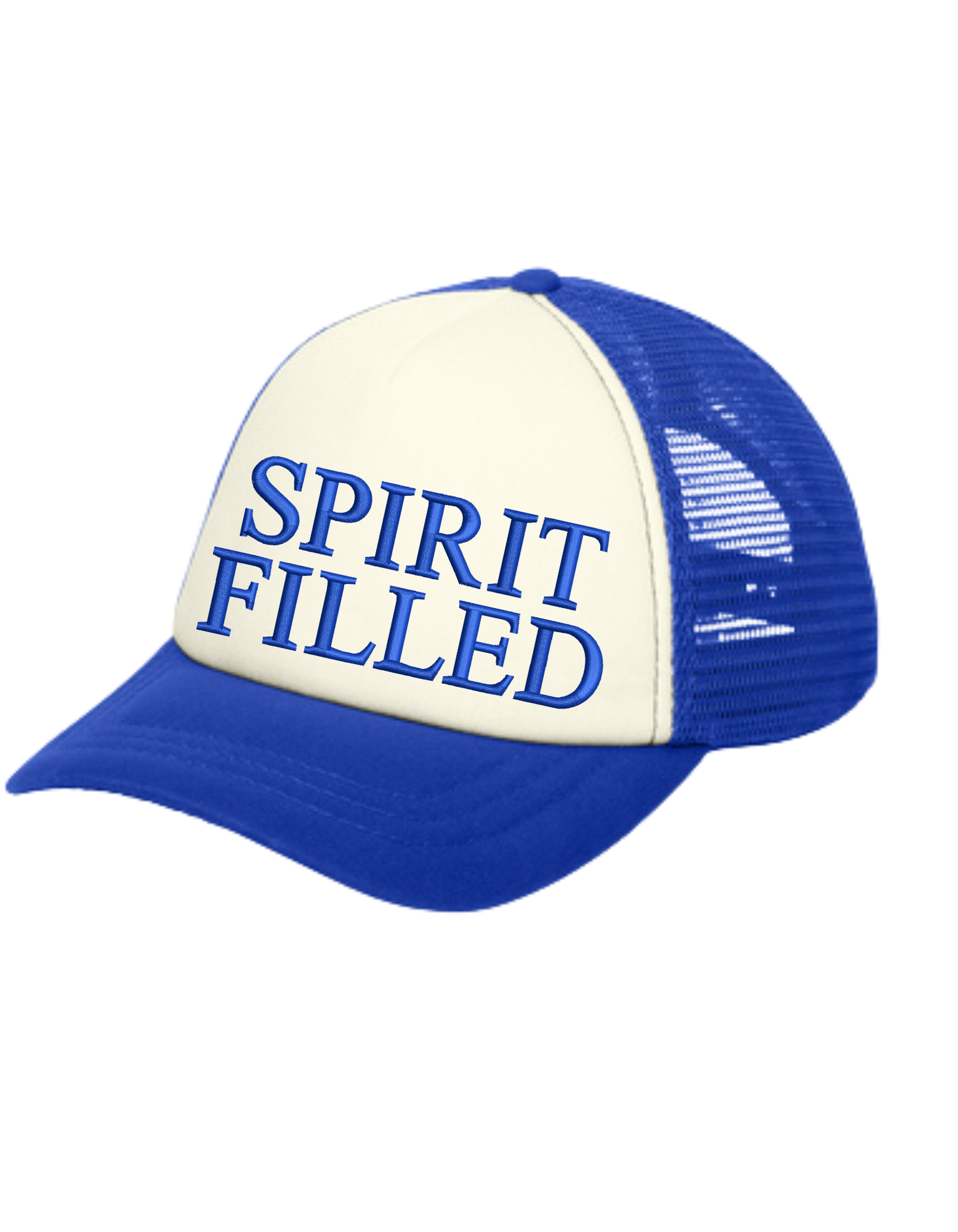 Christian foam trucker hat, blue and white, with 'SPIRIT FILLED' text on the front panel