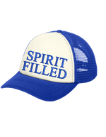 Christian foam trucker hat, blue and white, with 'SPIRIT FILLED' text on the front panel