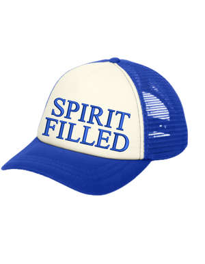 Christian foam trucker hat, blue and white, with 'SPIRIT FILLED' text on the front panel