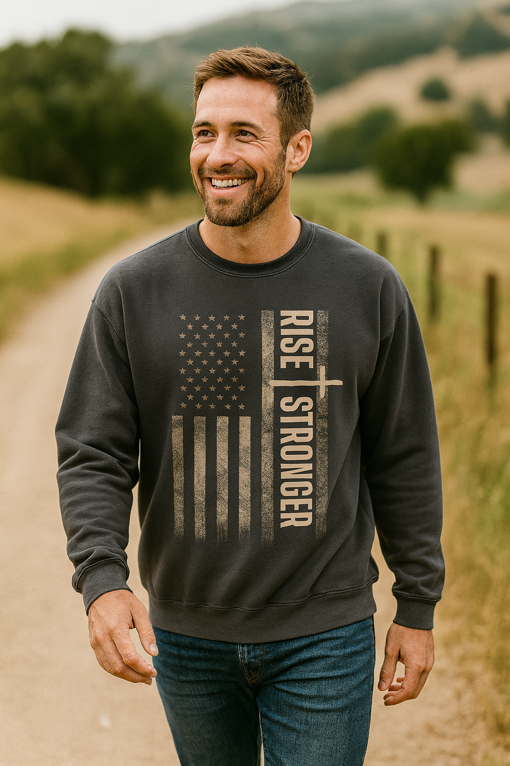 Man wearing a Christian sweatshirt with 'Rise Stronger' text and American flag design.