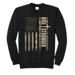 Black patriotic / Christian sweatshirt with tattered American flag and Rise Stronger on the front in cream color.