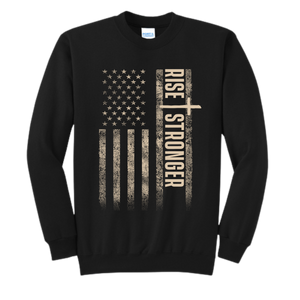Black patriotic / Christian sweatshirt with tattered American flag and Rise Stronger on the front in cream color.