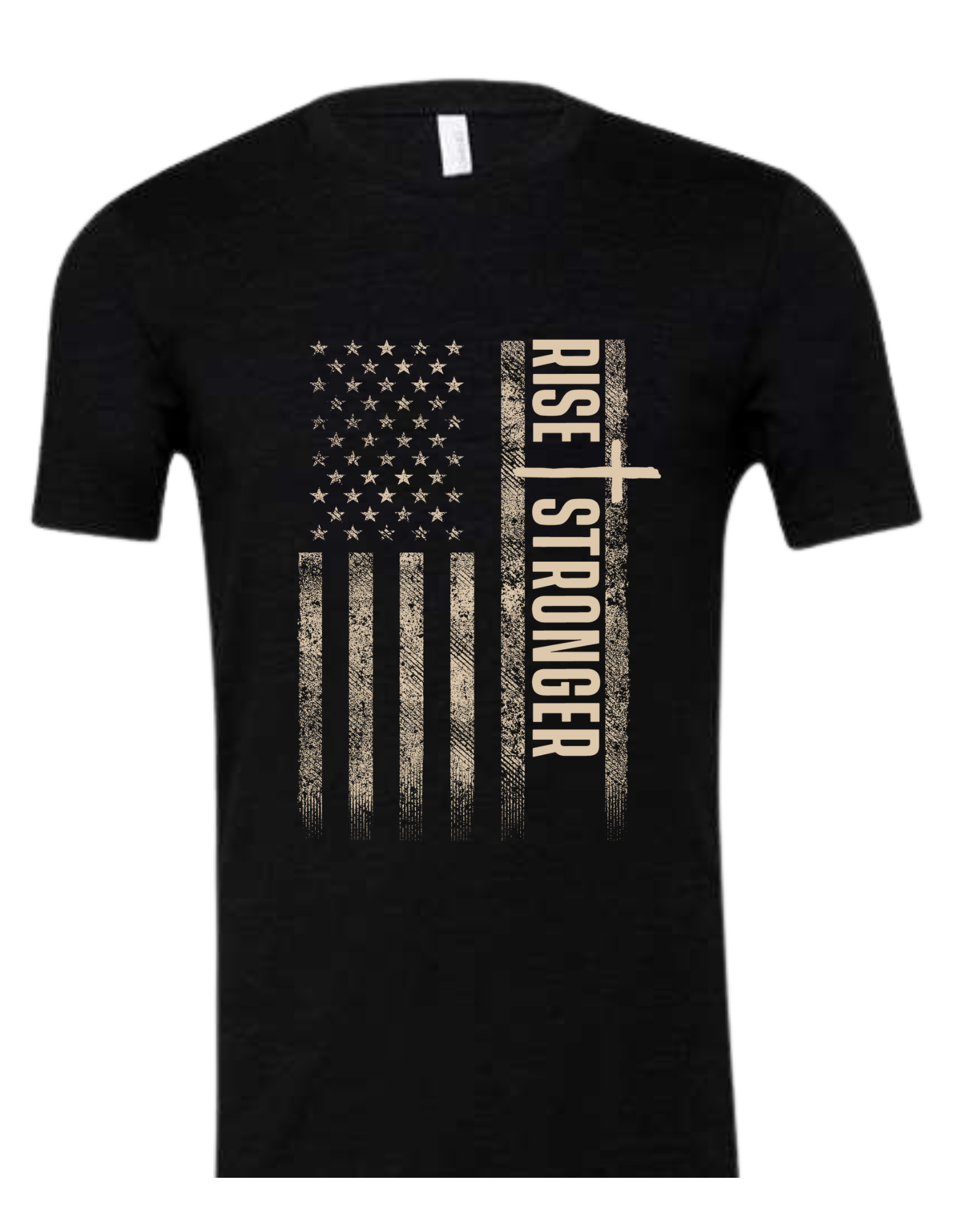 Christian Patriotic tee in black with tattered American flag, a cross and Rise Stronger text on the front in cream color.