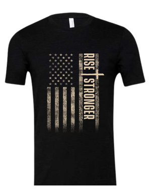 Christian Patriotic tee in black with tattered American flag, a cross and Rise Stronger text on the front in cream color.