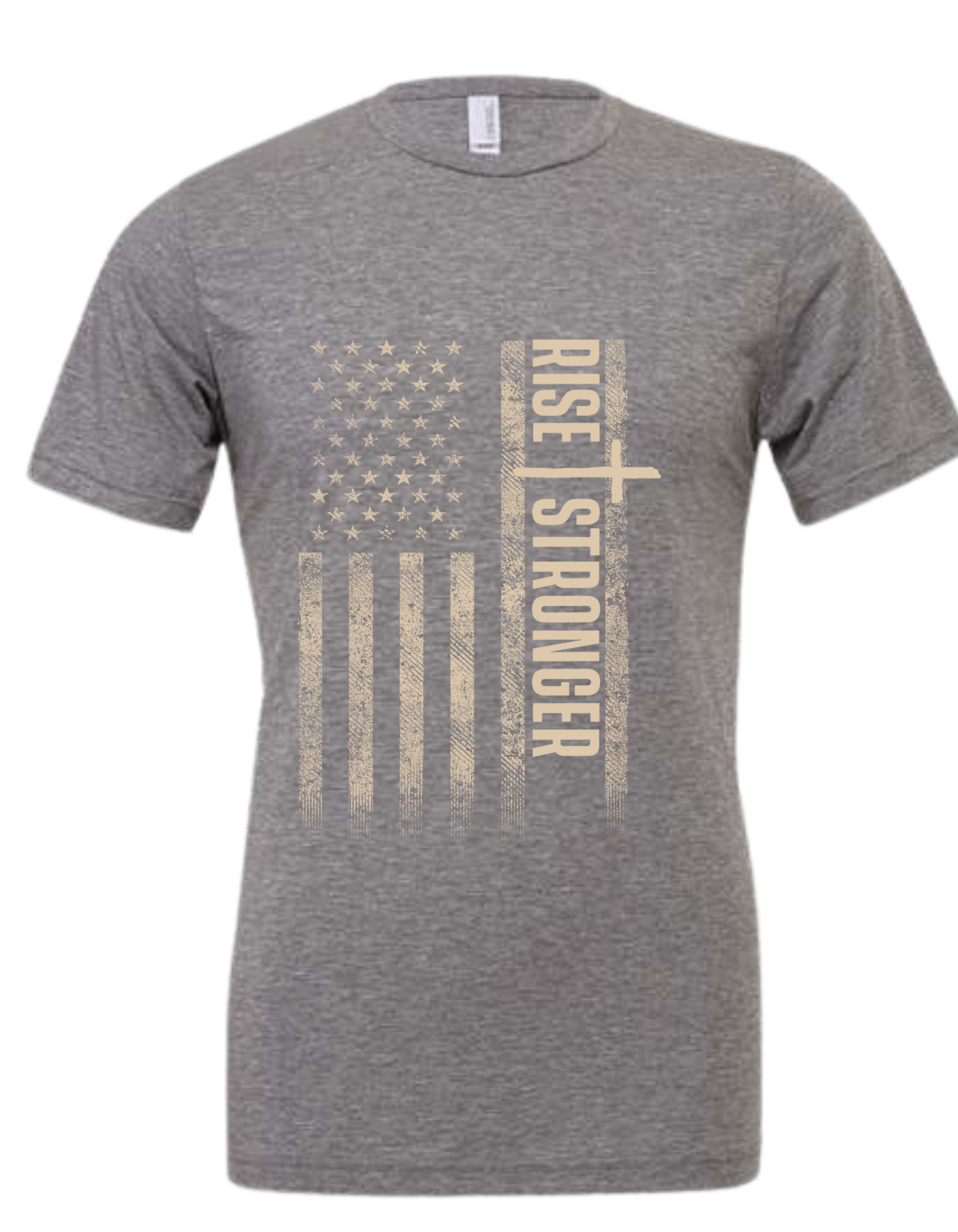 Grey Christian t-shirt with a tattered American flag and 'Rise Stronger' text in cream color.