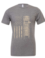 Grey Christian t-shirt with a tattered American flag and 'Rise Stronger' text in cream color.
