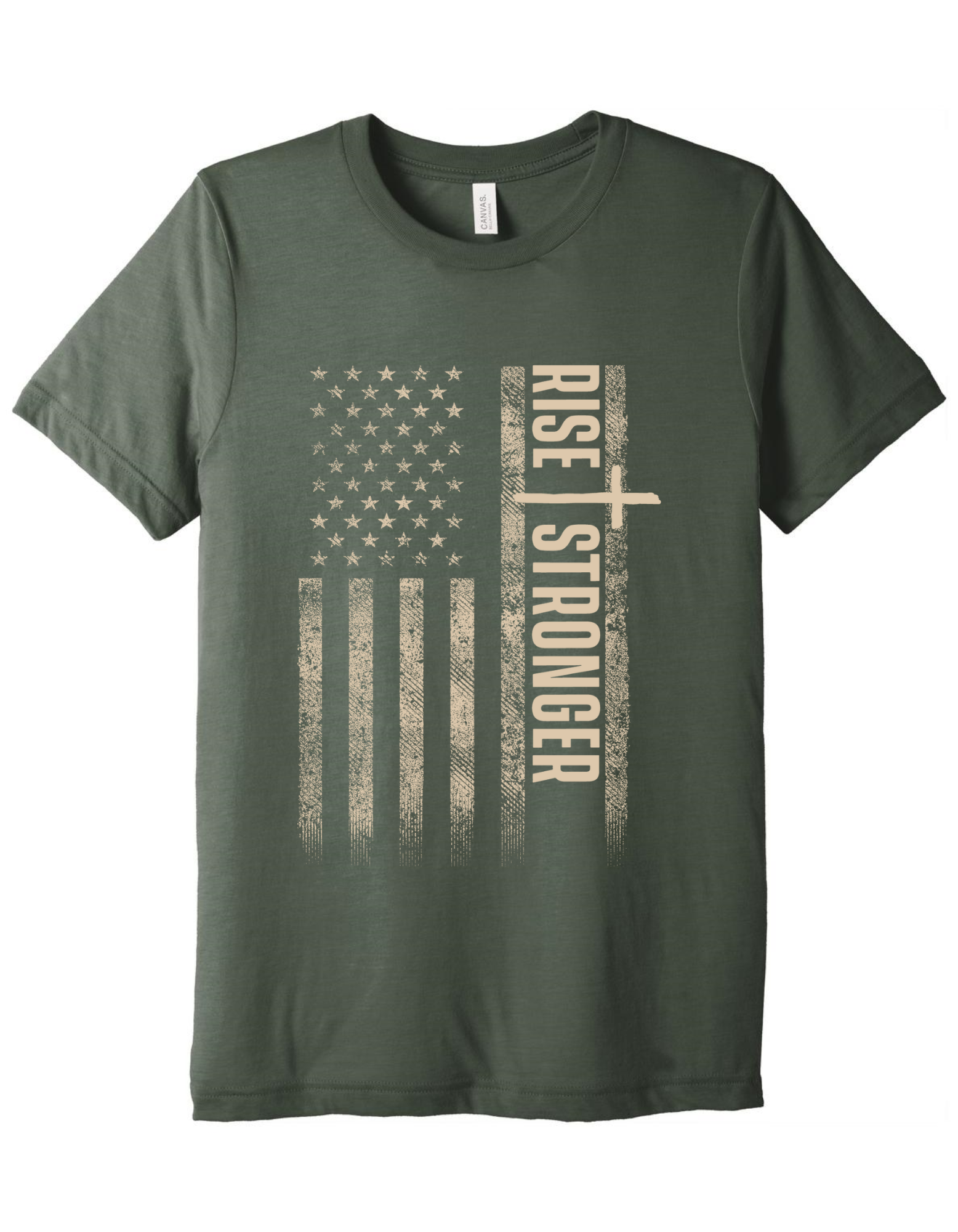 Christian Patriotic tee in military green with tattered American flag, a cross and Rise Stronger on the front in cream color.