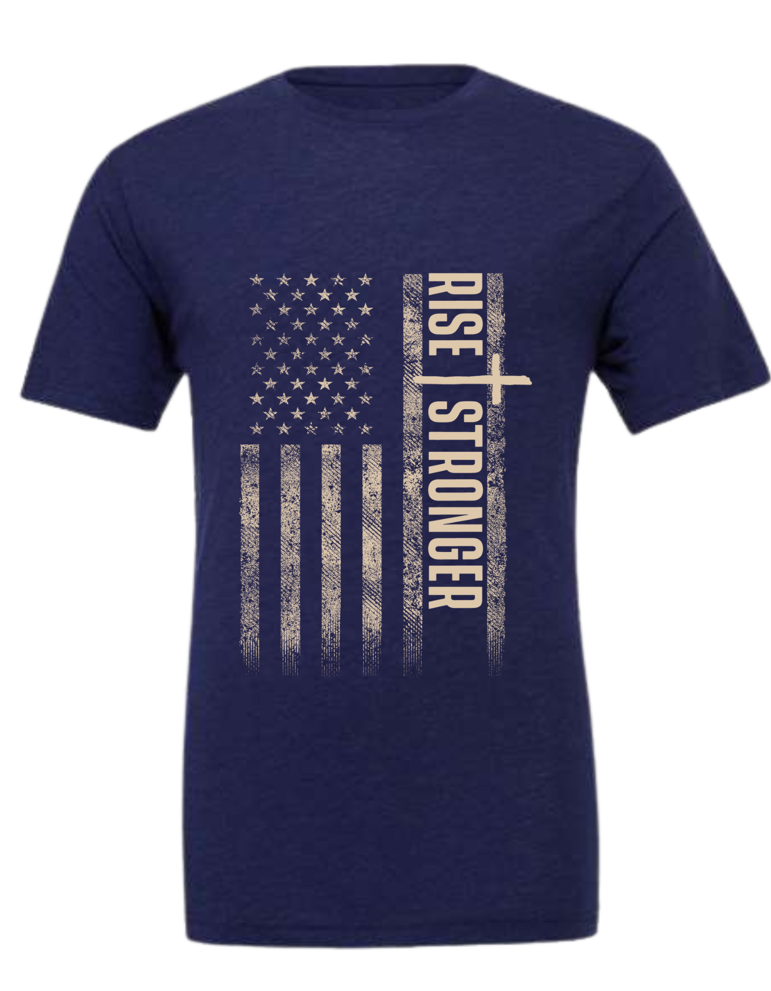 Christian Patriotic tee in navy blue with tattered American flag, a cross and Rise Stronger text on the front in cream color.