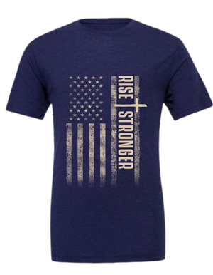Christian Patriotic tee in navy blue with tattered American flag, a cross and Rise Stronger text on the front in cream color.
