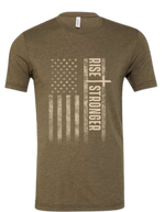 Christian Patriotic tee in olive green with a cream-colored tattered American flag, a cross and Rise Stronger on the front.
