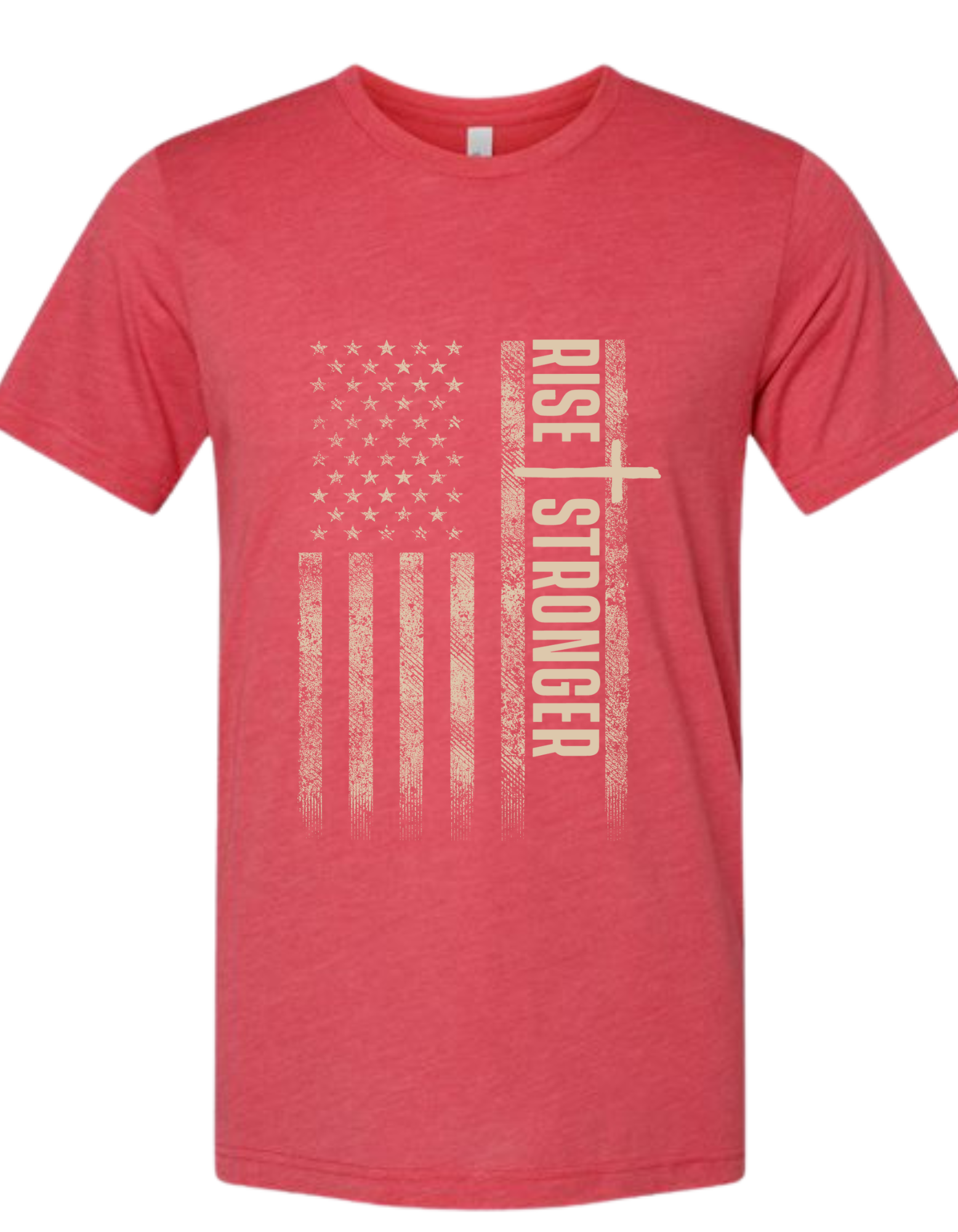 Christian Patriotic tee in heather red with a cream-colored tattered American flag, a cross and Rise Stronger on the front.