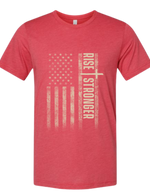 Christian Patriotic tee in heather red with a cream-colored tattered American flag, a cross and Rise Stronger on the front.