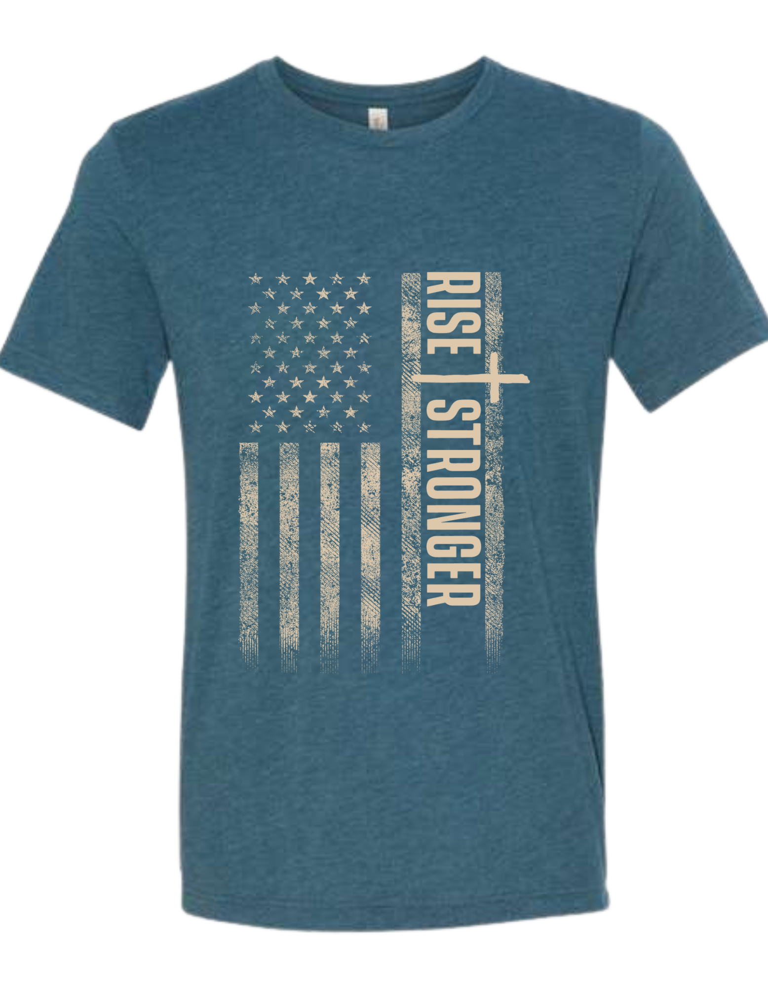 Christian Patriotic tee in steel blue with tattered American flag, a cross and Rise Stronger on the front in cream color.