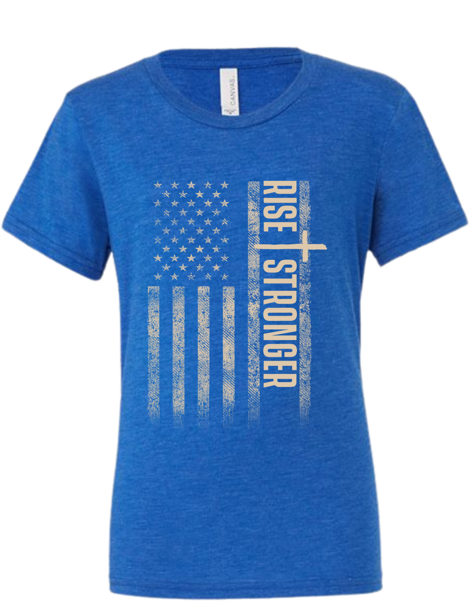 Christian Patriotic tee in true royal blue with tattered American flag, a cross and Rise Stronger on the front in cream color.