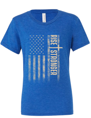 Christian Patriotic tee in true royal blue with tattered American flag, a cross and Rise Stronger on the front in cream color.